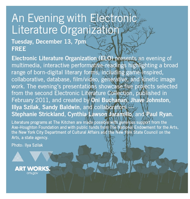Advertisement for the December 13th ELC2 launch at the Kitchen in NYC