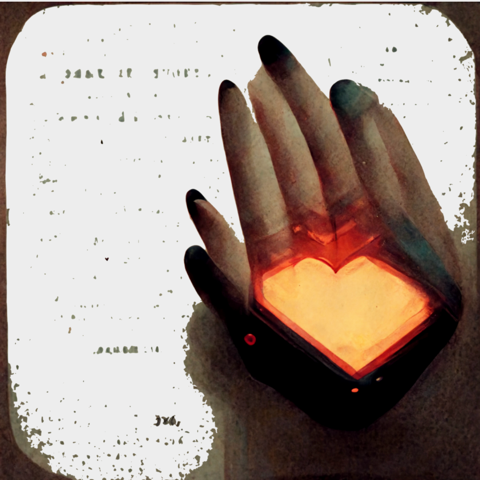 hands overlayed over a faint document with an orange heart glowing on the shadow on the hands