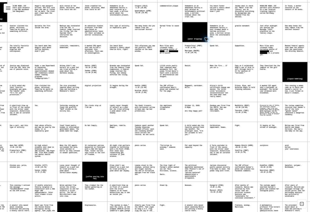 A Million Random Acts by Mark Sample, screenshot of the text grid
